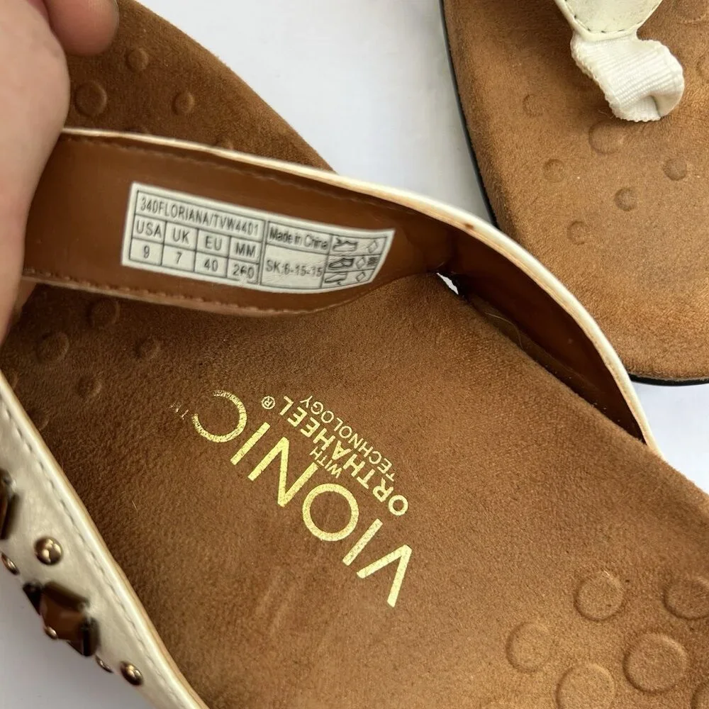 Vionic Floriana Leather Brown Beaded Thong Sandals Womens Size 9 Orthaheel Shoes - Picture 6 of 8